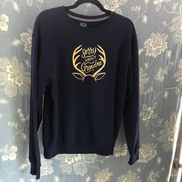Navy custom embroidered "sorry about grandma" ugly Christmas sweat shirt size M - Picture 1 of 4